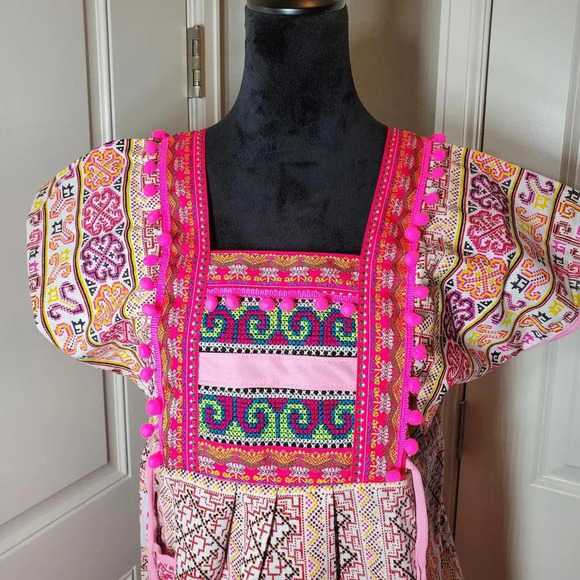 Pink Boho Thai Dress One Size Midi Tie Sides Embroidered Multi Color - Picture 11 of 16